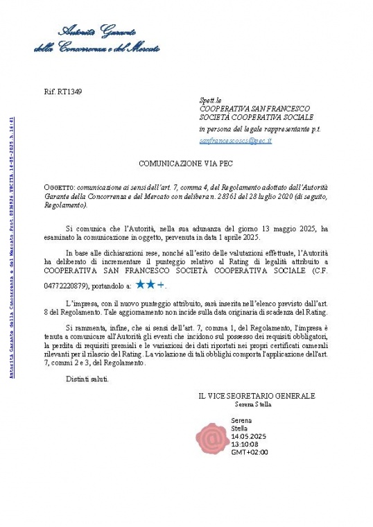 Attribuzione Rating di legalità ai sensi dell’art. 2, comma 1, del Regolamento adottato dall’Autorità Garante della Concorrenza e del Mercato. 